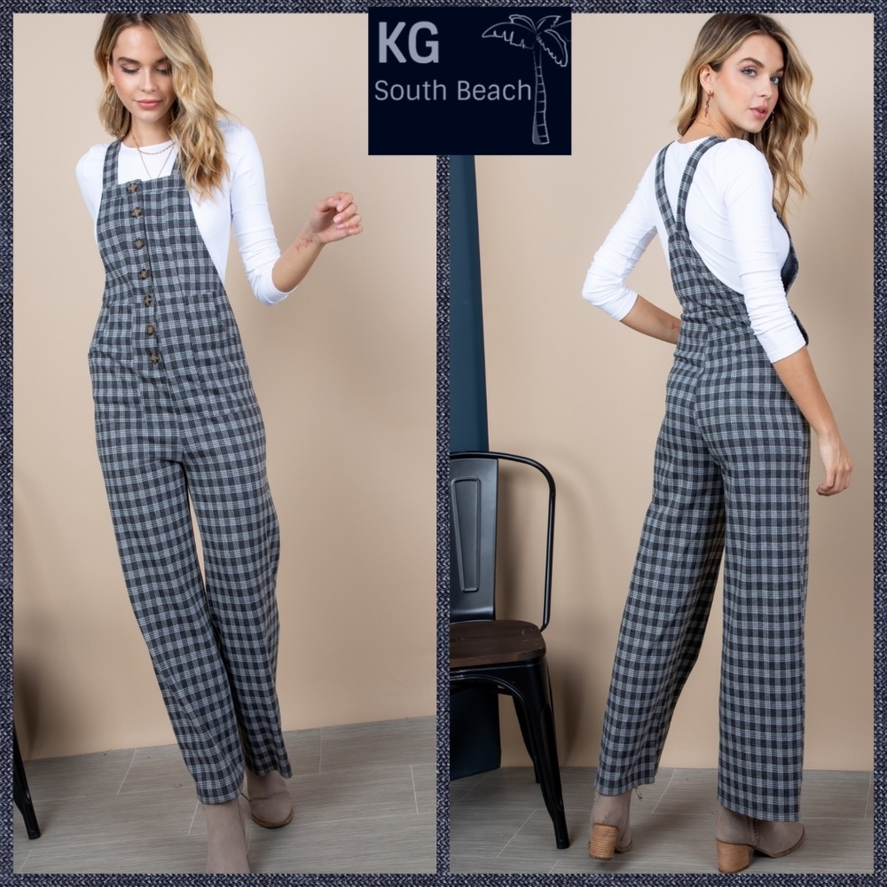 KGSB Collection Fitted Plaid Button-Up Overalls Soft Knit, Flared Leg & Pockets